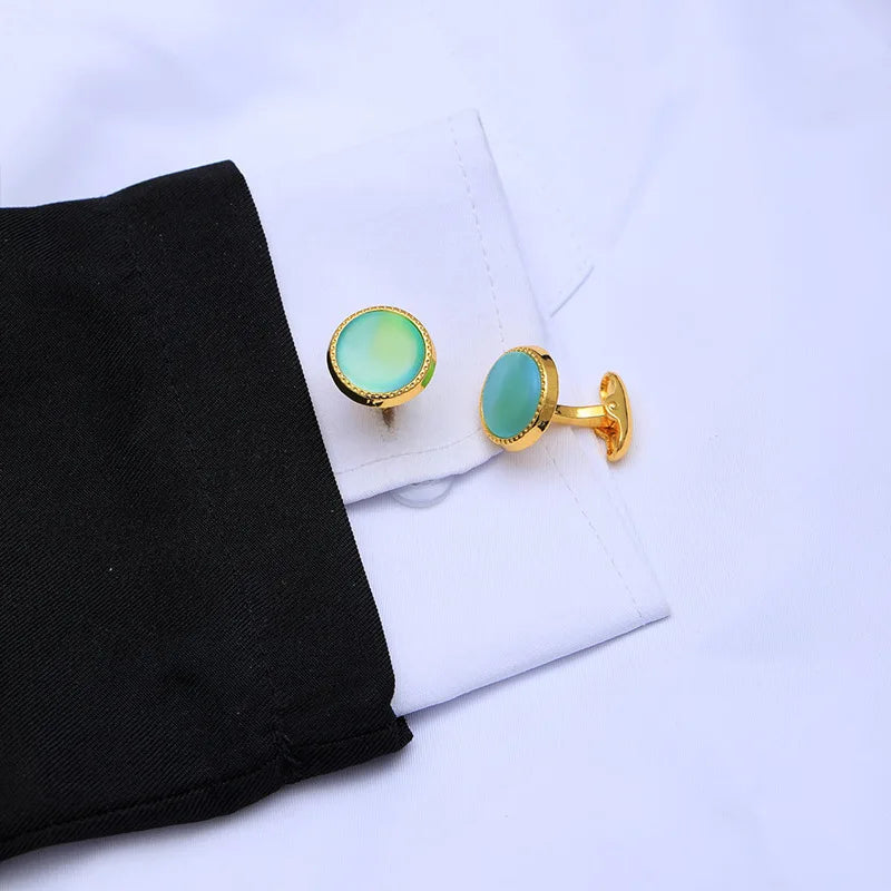 Round Gold-Tone Cufflinks with Coloured Stone