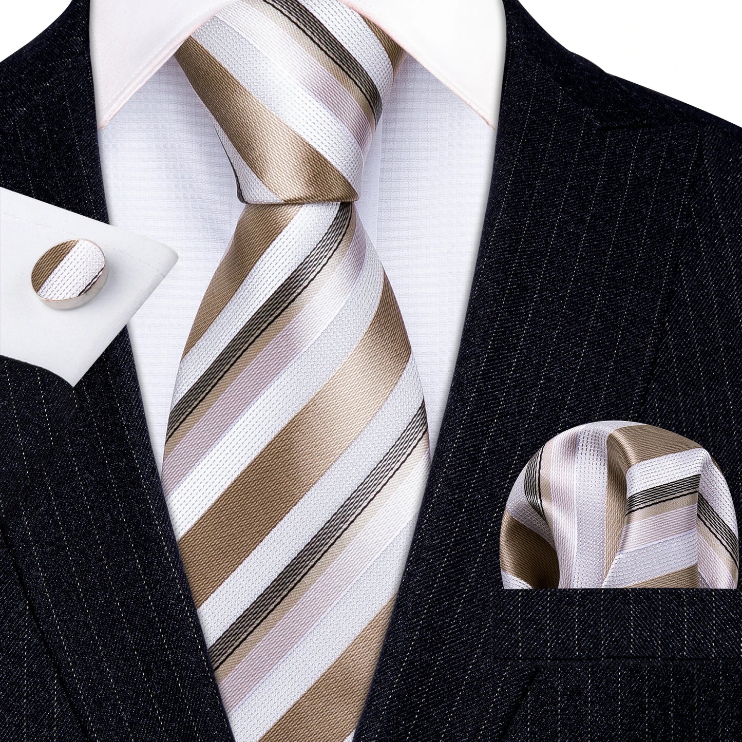 Barry Wang Jacquard Striped Silk Men's Tie Pocket Square Cufflinks Set