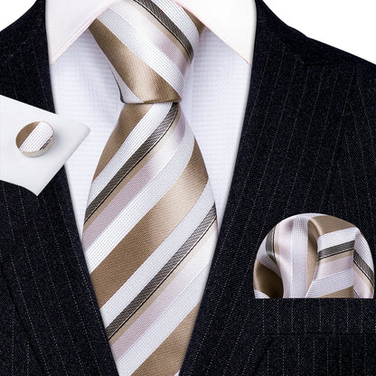 Barry Wang Jacquard Striped Silk Men's Tie Pocket Square Cufflinks Set