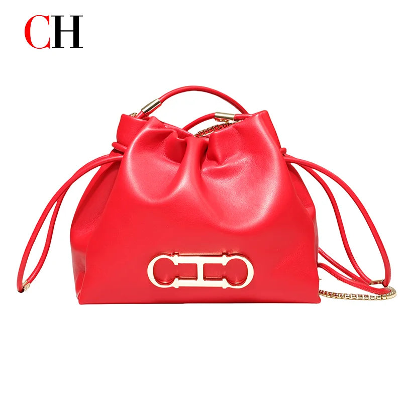 CH Drawstring Bucket Bag – PU Leather Gold Chain Handbag