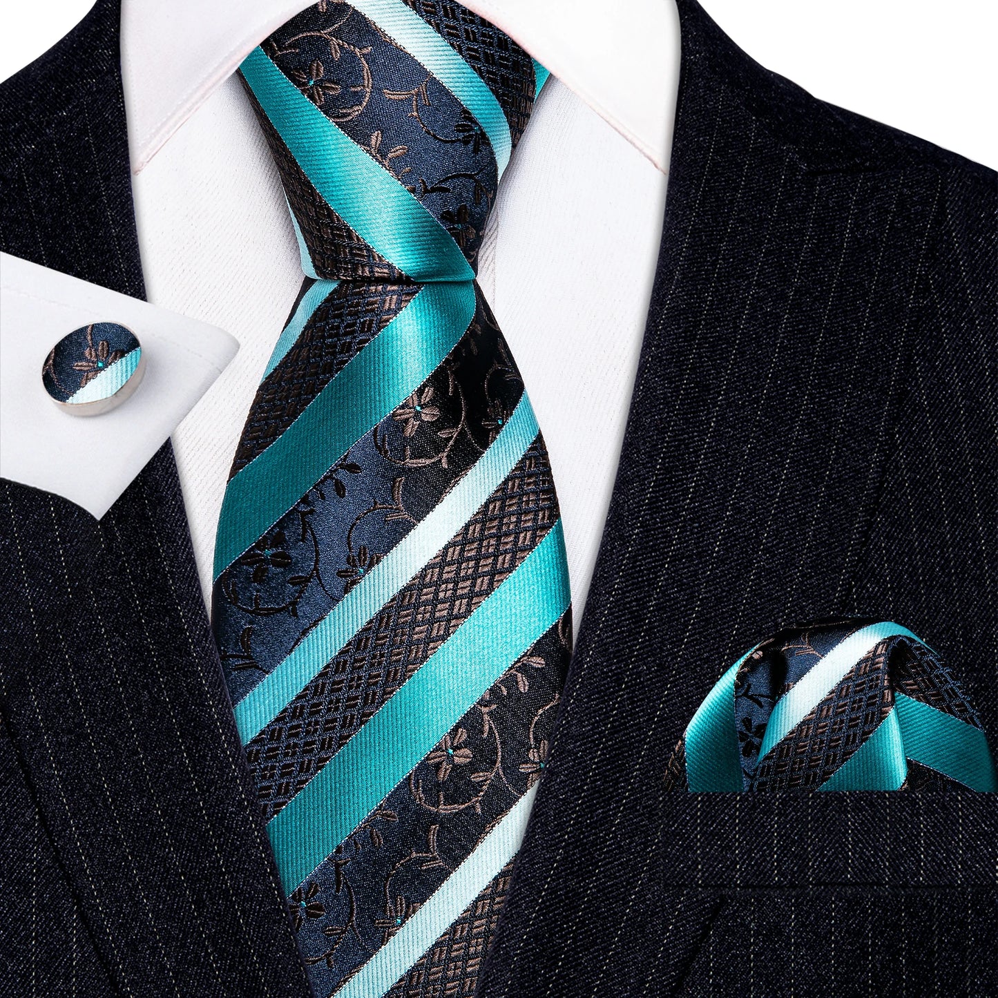 Barry Wang Jacquard Striped Silk Men's Tie Pocket Square Cufflinks Set