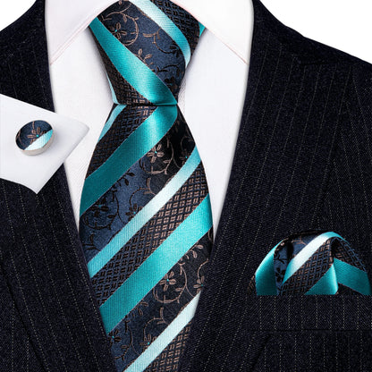 Barry Wang Jacquard Striped Silk Men's Tie Pocket Square Cufflinks Set