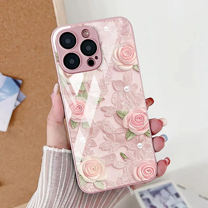 iPhone Case Floral Tempered Glass Red