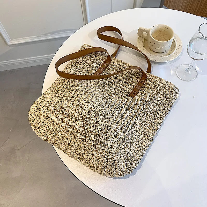 Handmade Woven Straw Beach Tote Bag