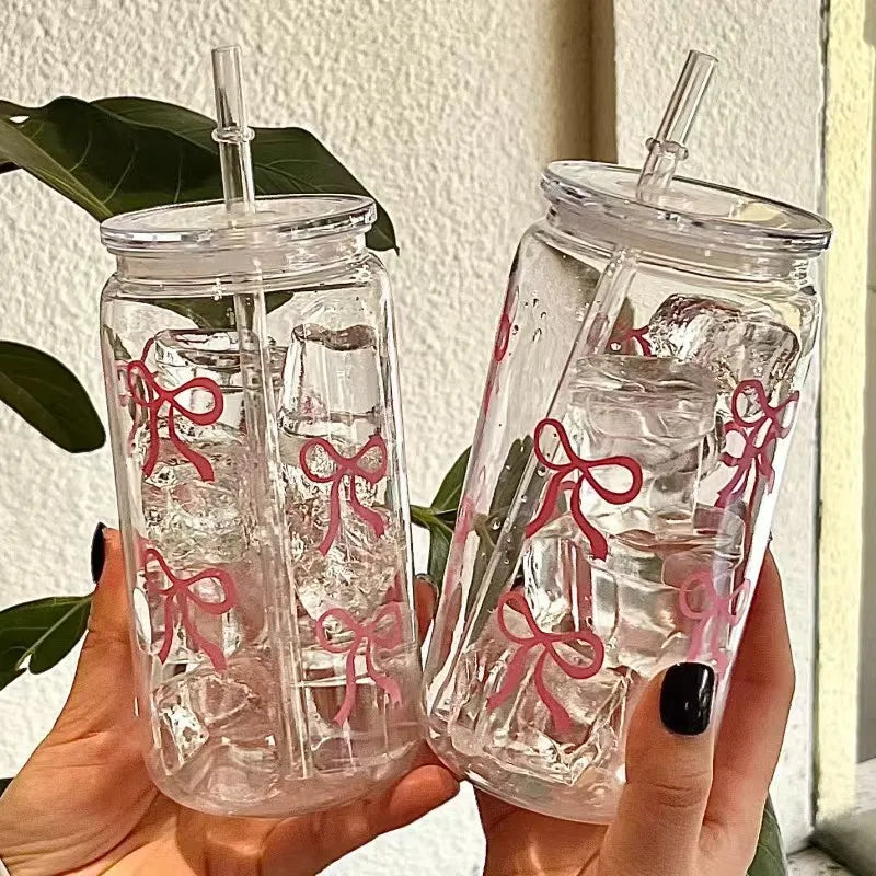 Butterfly Bow Glass Tumbler with Straw & Leakproof Lid