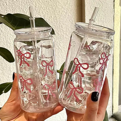 Butterfly Bow Glass Tumbler with Straw & Leakproof Lid