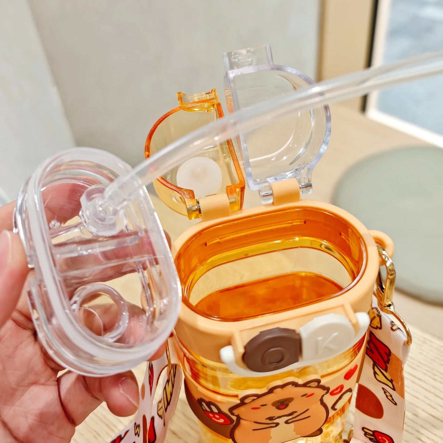 Kids Capybara Straw Water Bottle 750ml with Carry Strap