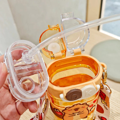 Kids Capybara Straw Water Bottle 750ml with Carry Strap