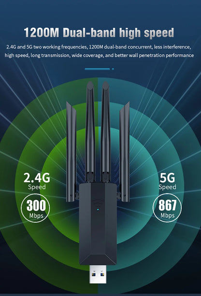 1200M USB 3.0 Dual-Band WiFi Adapter 2.4GHz/5GHz with 4 External Antennas