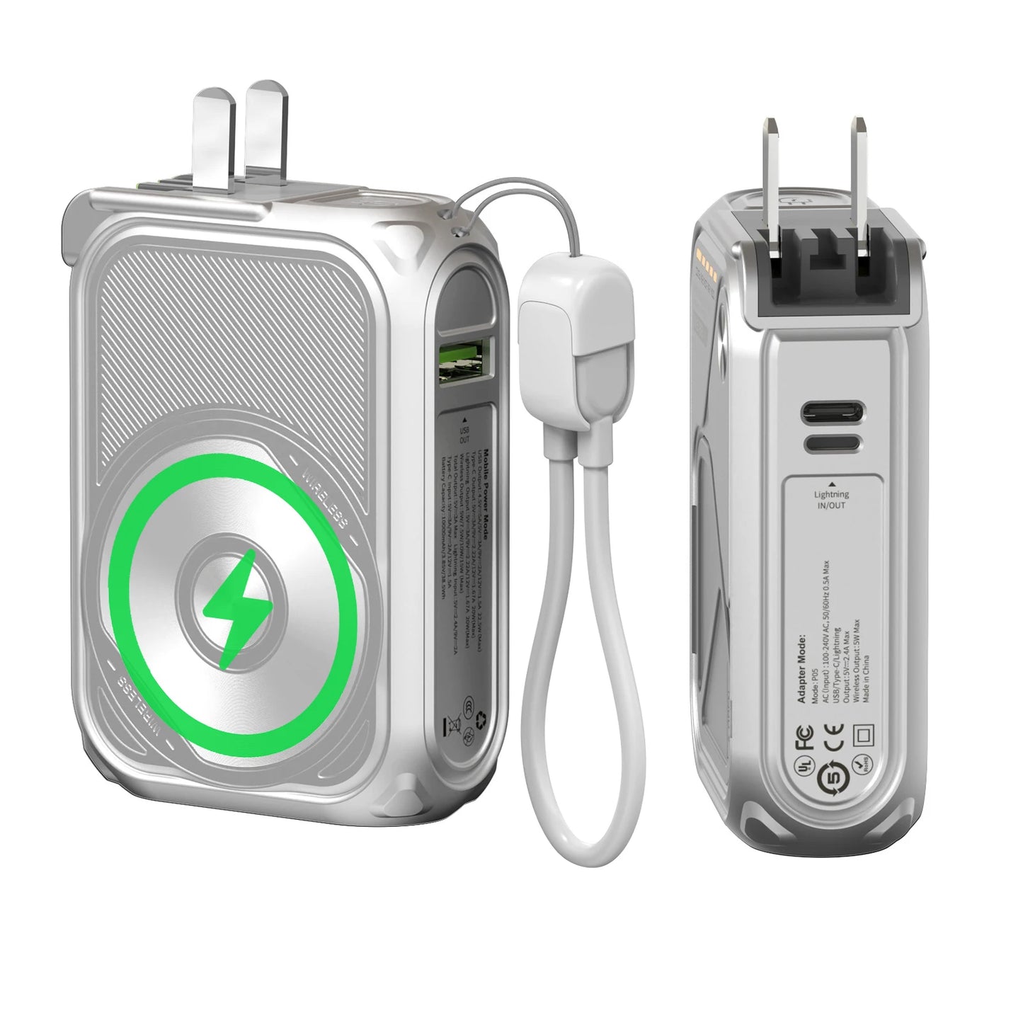 10000mAh Magnetic Wireless Power Bank with Built-In Cable