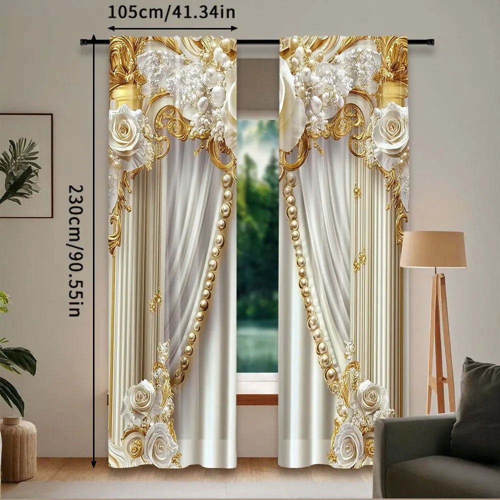 Gold & White Floral Curtains Set