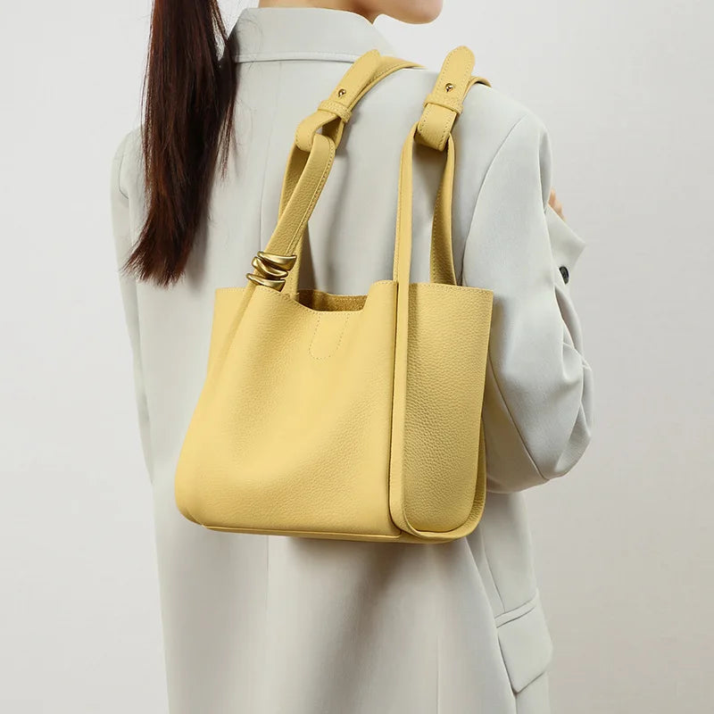 Genuine Leather Yellow Bucket Tote Bag for Women