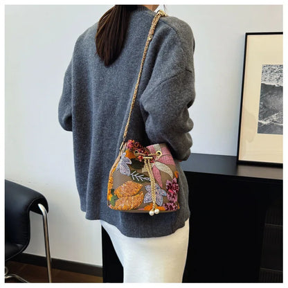 Floral Embroidered Bucket Crossbody Bag