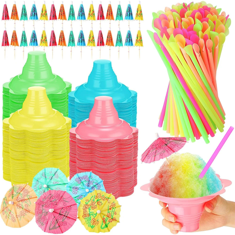 Summer Snow Cone Cups with Spoon Straws & Umbrella Kit