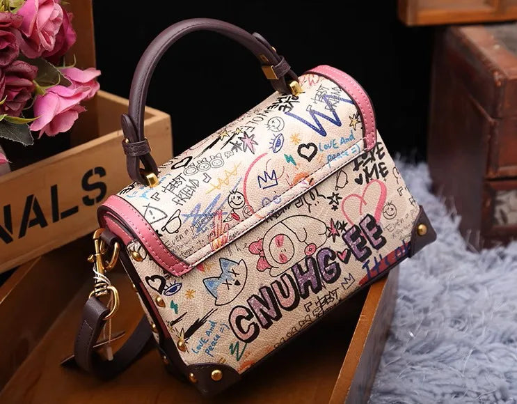 Vintage Graffiti Bear Top Handle Satchel Bag
