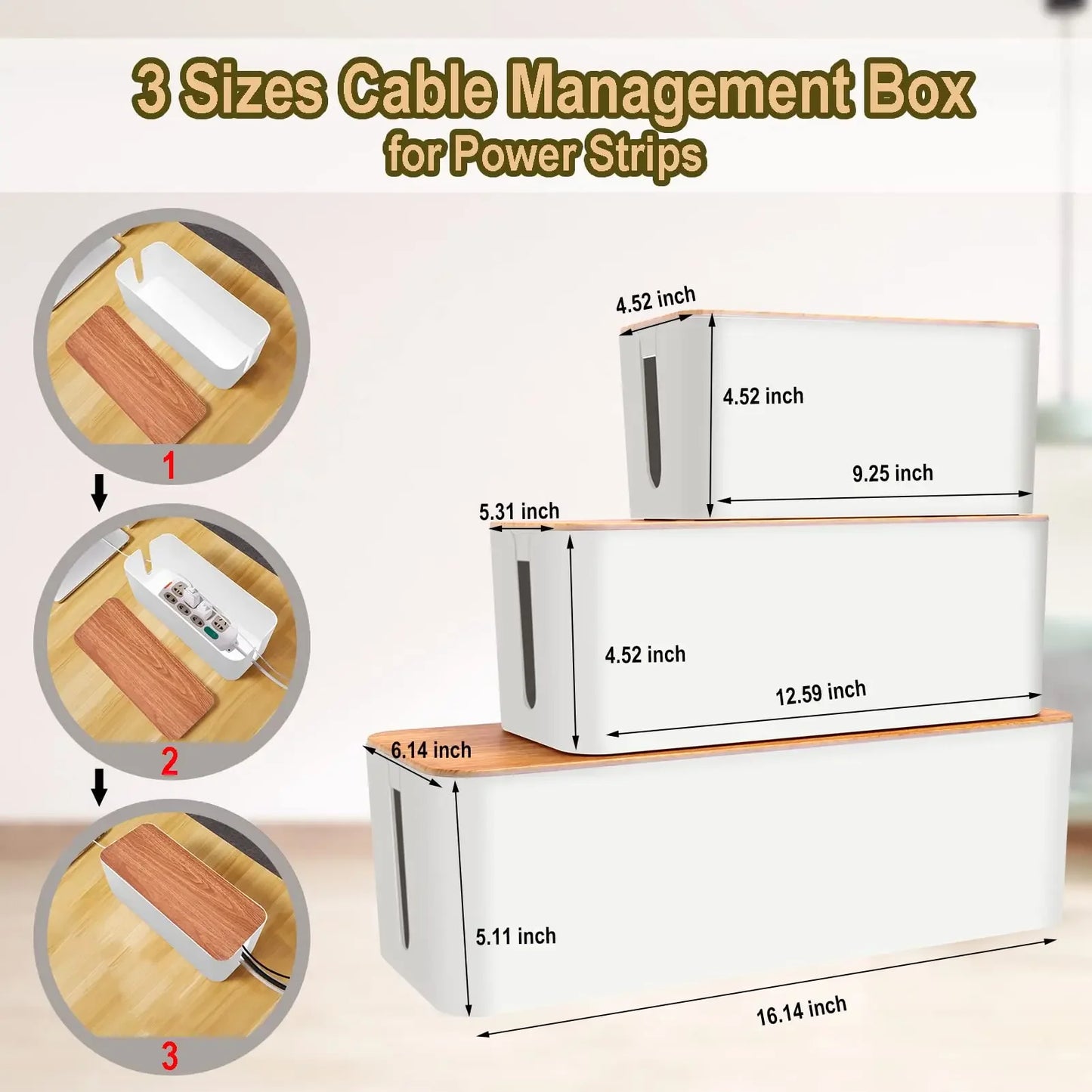 Cable Management Box with Bamboo-Style Lid