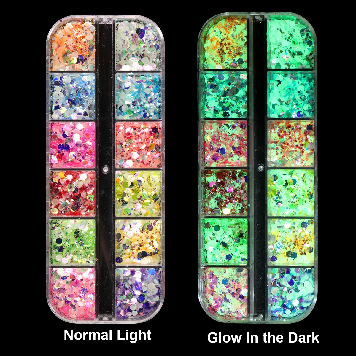 12 Grid Glow Nail Art Glitter Powder