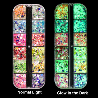 12 Grid Glow Nail Art Glitter Powder
