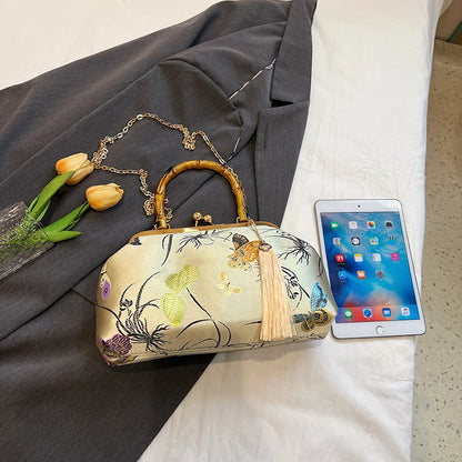 Luxury Embroidered Evening Handbag with Bamboo Handle