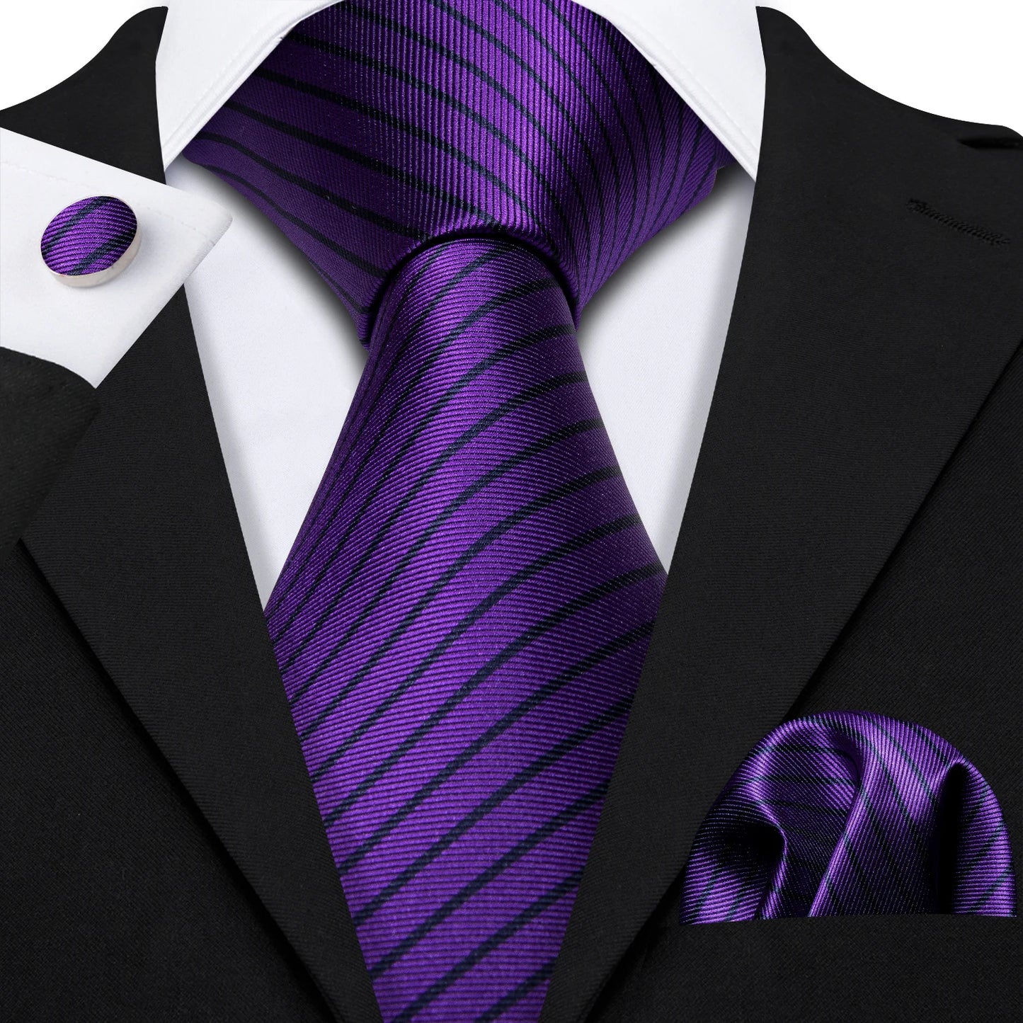 Barry Wang Jacquard Striped Silk Men's Tie Pocket Square Cufflinks Set