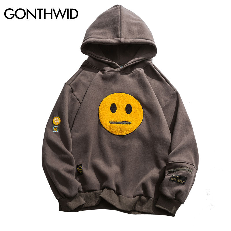 GONTHWID Zipper Pocket Smile Face Pullover