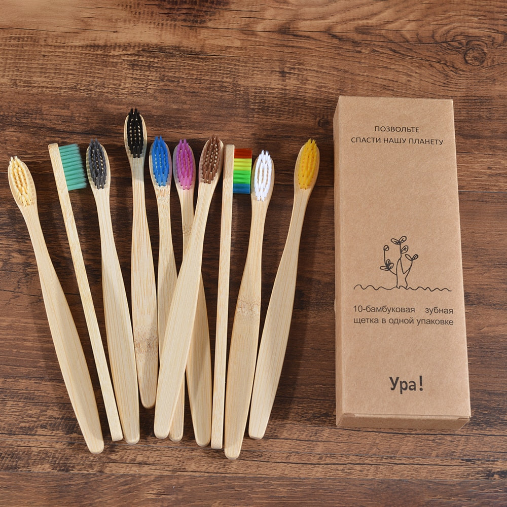 10PCS Natural Bamboo Colourful Toothbrush